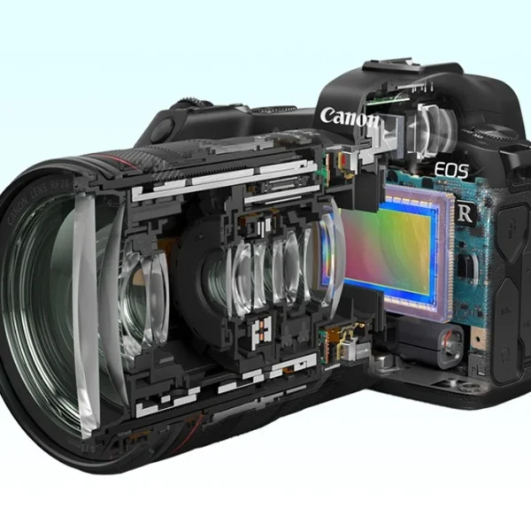 canon eos r1 camera cut in half on a light blue background 1