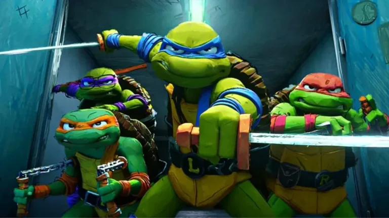 the four ninja turtles posing with their weapons in tmnt mutant mayhem 1